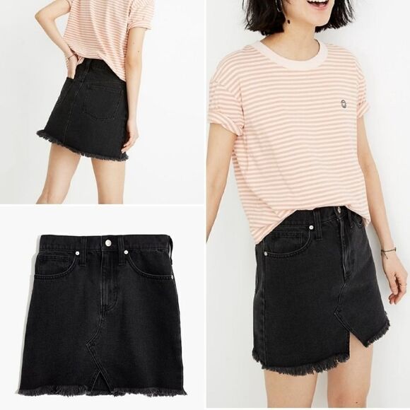 Madewell A Line Raw Hem Notched Cutout Black Denim Jean Mini Skirt Size 26 - Picture 8 of 16